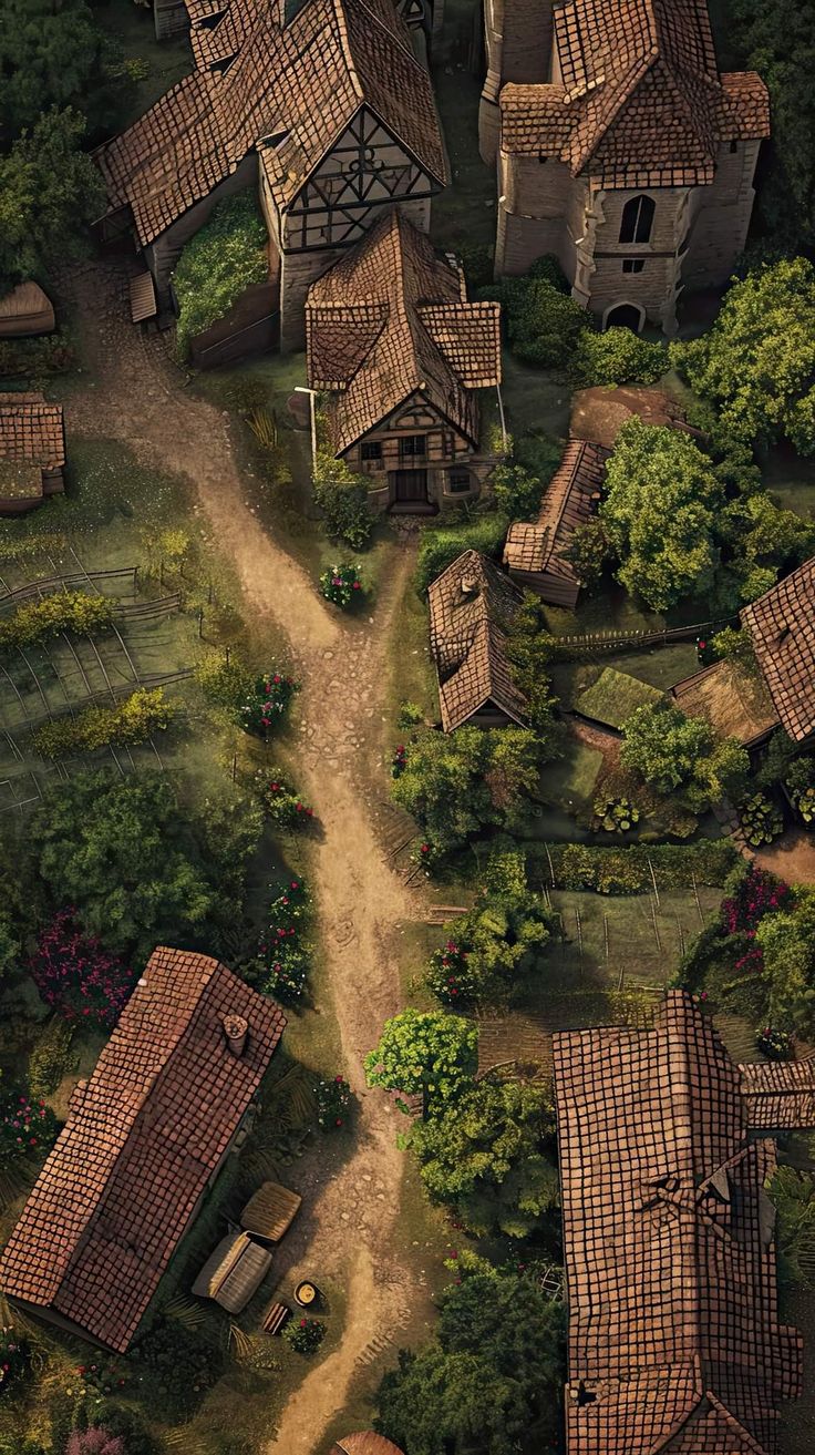 an aerial view of a village in the woods