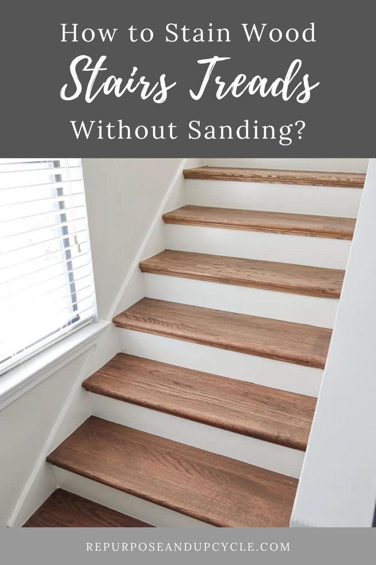 stairs with text overlay that reads how to stain wood stairs treads without sanding