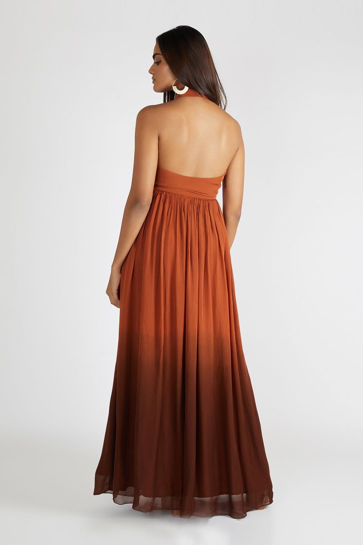 Brown backless maxi gown with dip-dye detail and gathered flare.
Components: 1
Fabric: Chiffon
Neckline: Halter
Sleeve Length: Sleeveless
Color: Brown

Gathered detail
Backless gown - Aza Fashions Backless Gown, Gown For Women, Maxi Gown, Gowns Online, Maxi Gowns, Dip Dye, Aza Fashion, Dip, Backless Dress