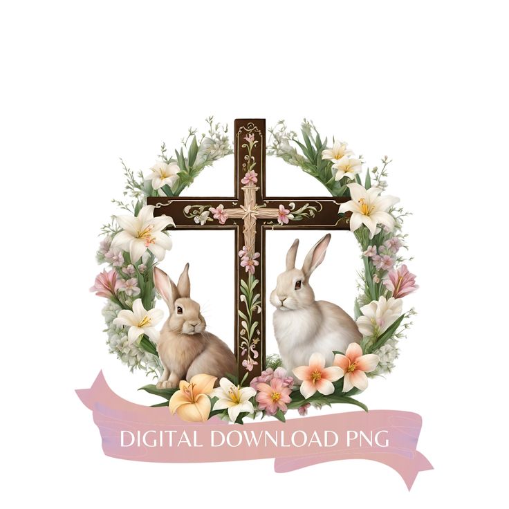 two rabbits are sitting in front of a cross with flowers and leaves around it, the words digital download png