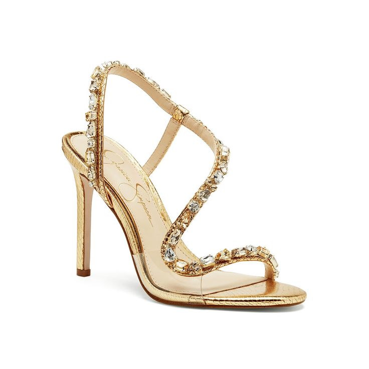 Jessica Simpson-Jaycin Sandal Glamorize your look with the Jaycin dress sandal from Jessica Simpson. Dual tone rhinestones on the asymmetrical straps and the textured slender heel elevate the style. Homecoming Heels, Jessica Simpson Collection, Jeweled Heels, Fun Heels, Evening Sandals, Wardrobe Update, Gold Heels, Jessica Simpson Shoes, Metallic Dress