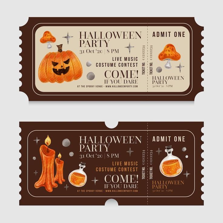 two tickets for halloween party with pumpkins and candles