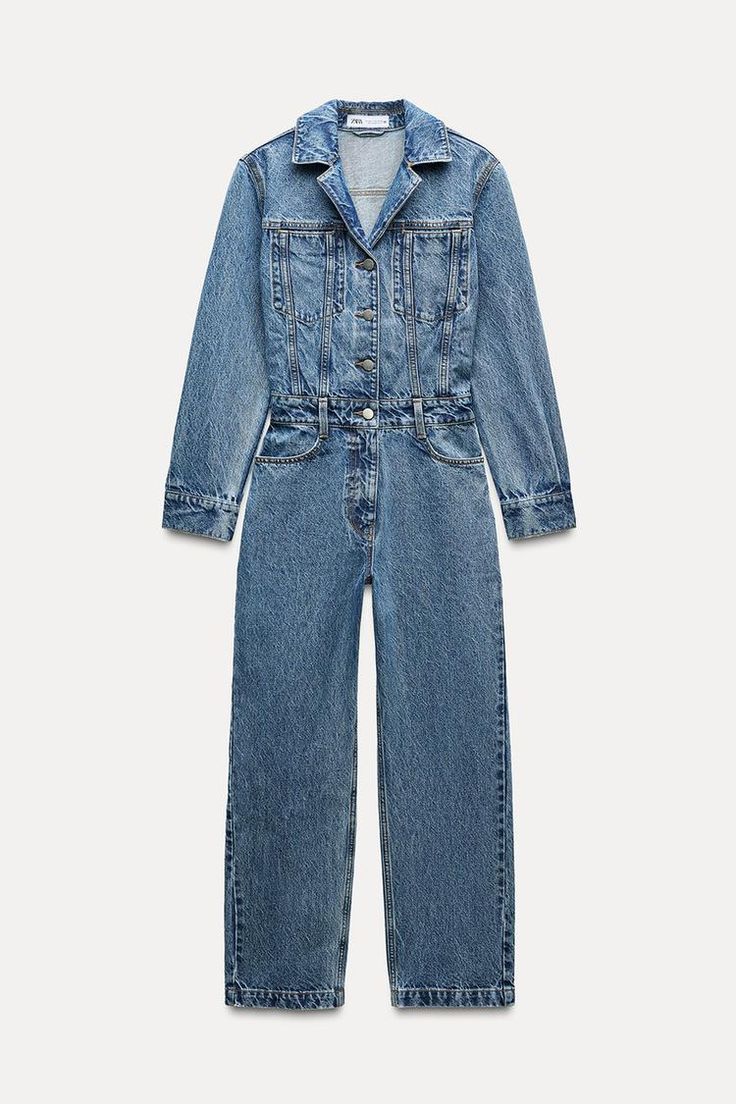 Z1975 LONG DENIM JUMPSUIT - Mid-blue | ZARA United States Jean Zara, Zara Denim Jeans, Collar Jumpsuit, Wishlist 2024, Waistcoat Dress, Cardigan Sweater Dress, Blouse Pants, Leather Shirt, Long Sleeve Jumpsuit