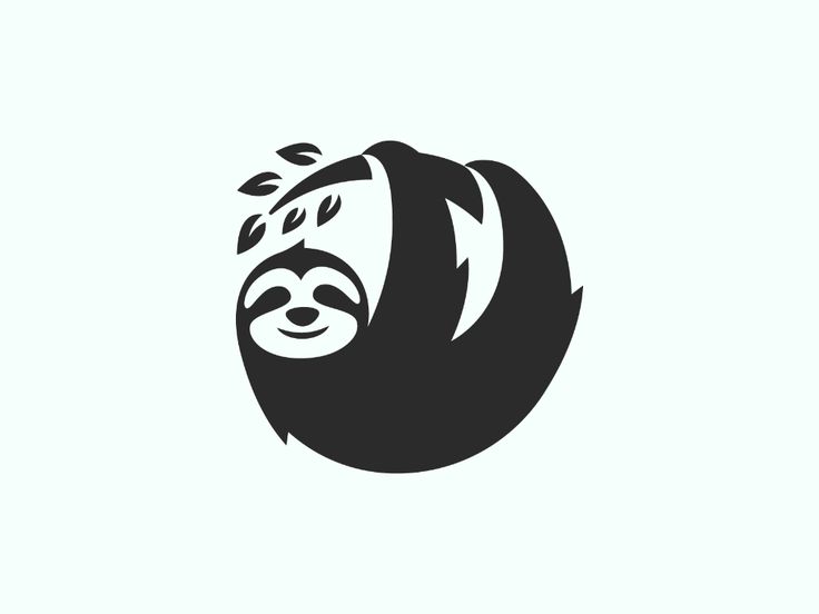 a black and white sloth logo with leaves on its back, in the shape of a circle