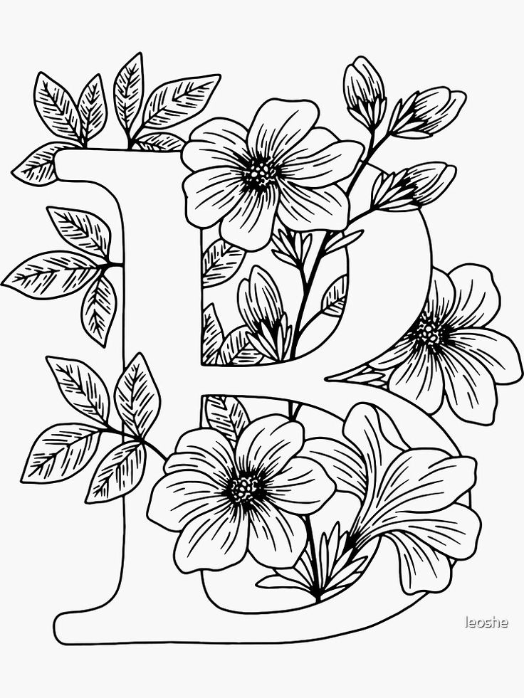 the letter l with flowers and leaves on it is outlined in black and white ink