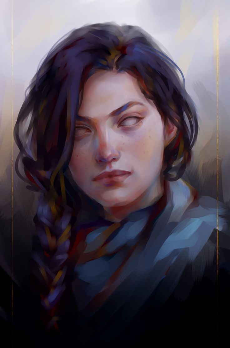 a digital painting of a woman's face with her eyes closed and long hair in braids