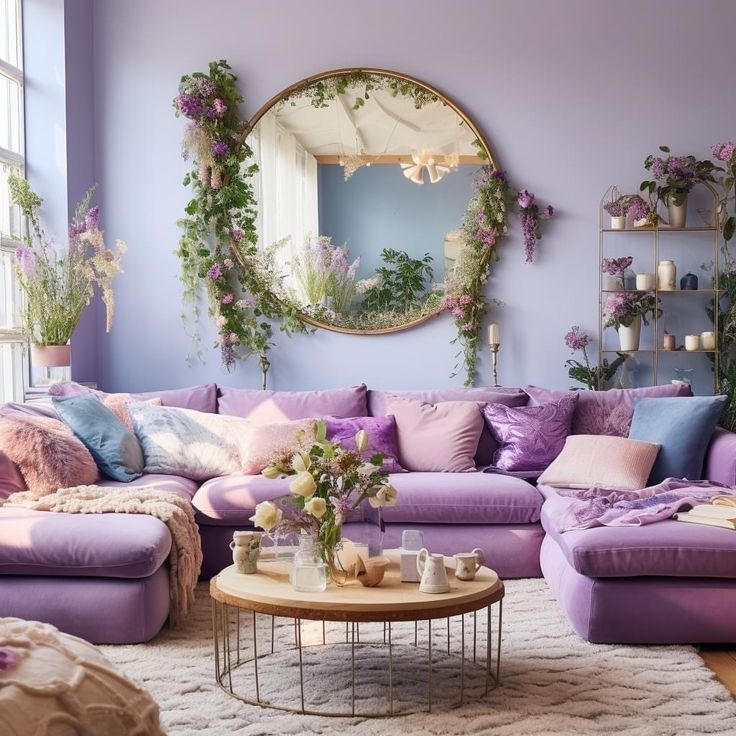 a living room filled with purple furniture and lots of greenery on the windowsill