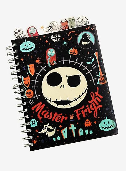 a spiral notebook with halloween stickers on the front and back cover, featuring an image of jack skellingy