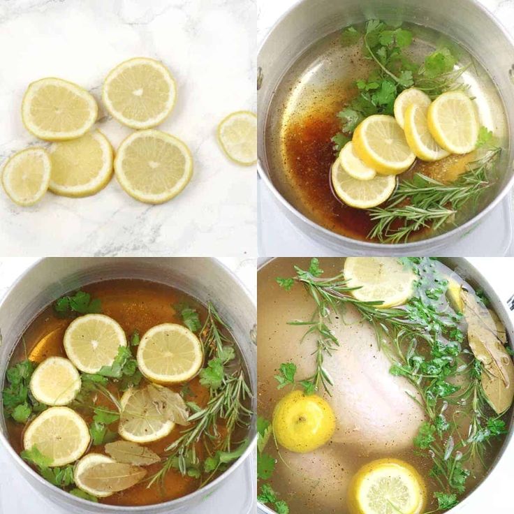 three pictures of lemons and herbs cooking in a pot