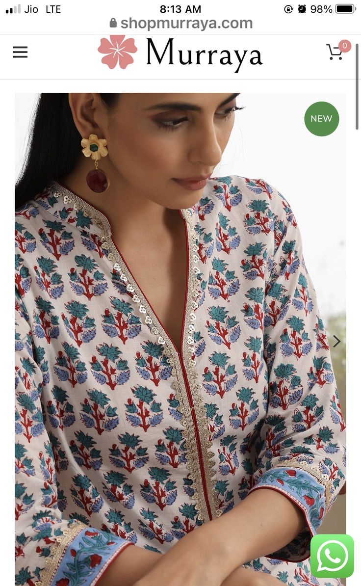 Printed Kurta With Embroidery, Jaipuri Dress Design, Jaipur Kurti Design, Cotton Block Print Suit Designs, Kotan Kurti Petan, Collar Suits Women Indian, Jaipuri Kurti Designs Latest, Ban Collar Kurti Designs, Ajrakh Suit Designs