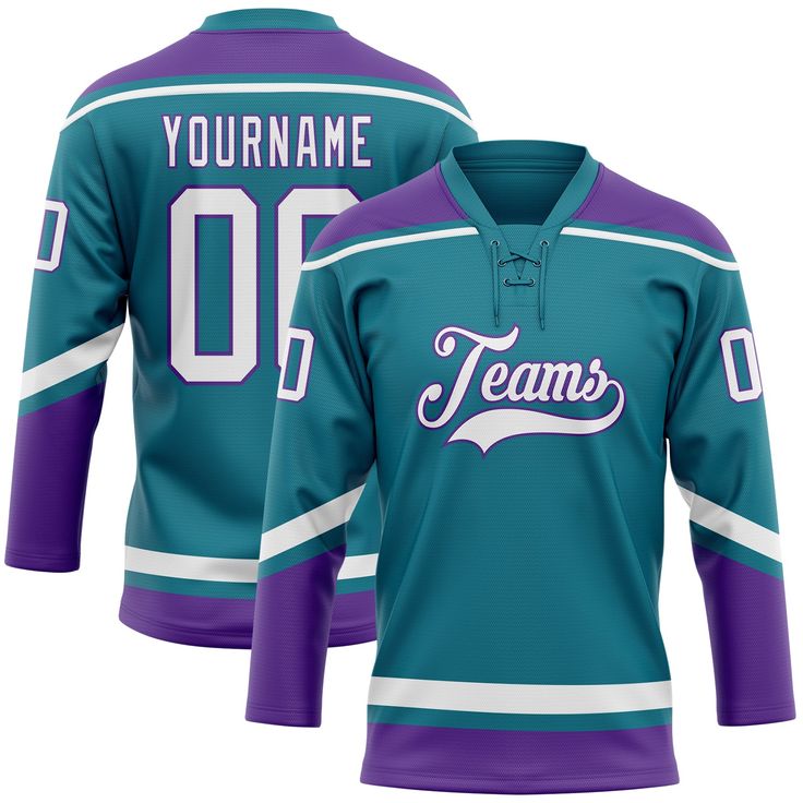 a hockey jersey with the name and number on it, in teal and purple