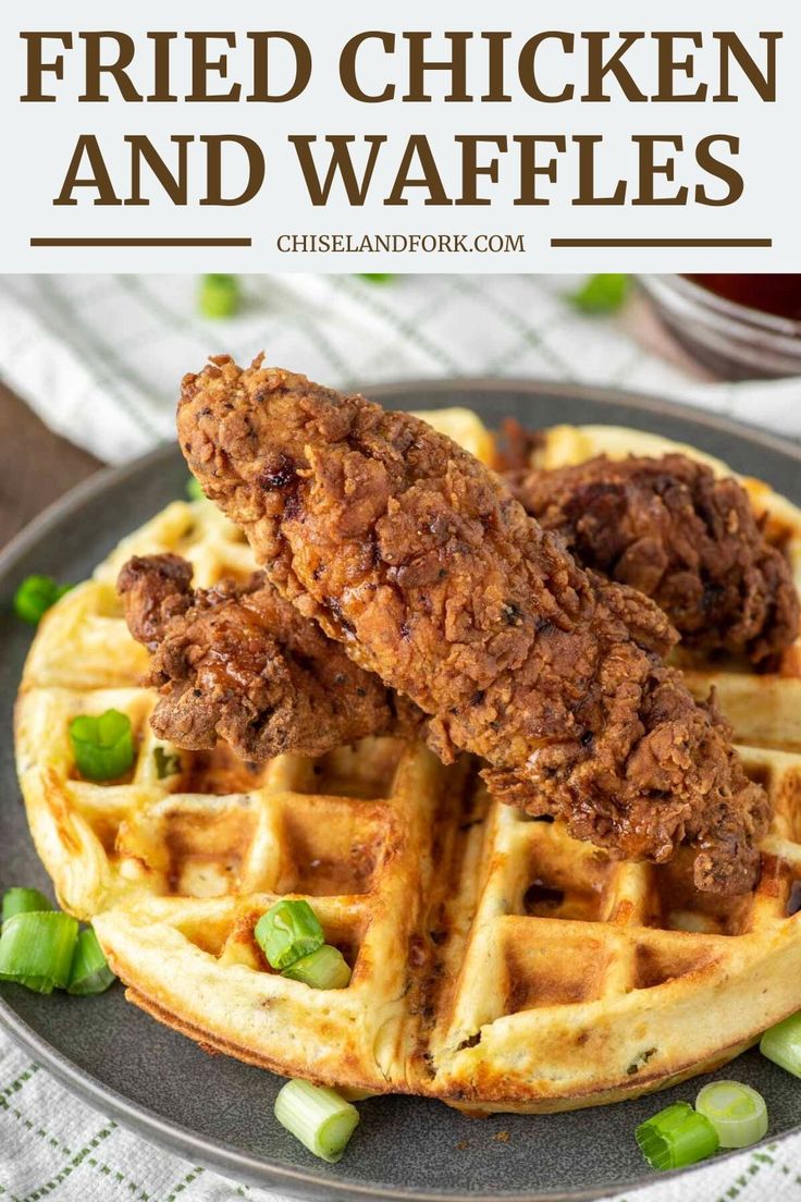 fried chicken and waffles on a plate with green onions