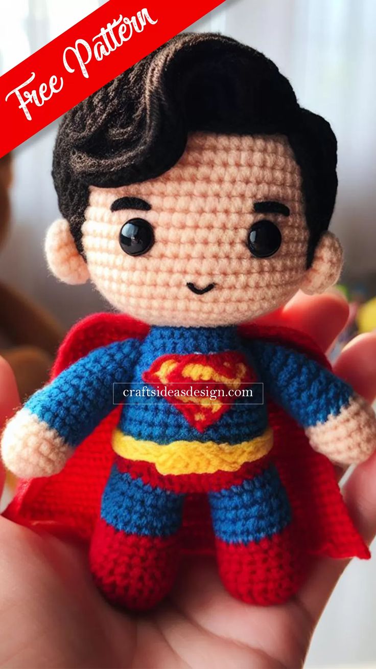 a small crocheted superman doll is held in the palm of someone's hand