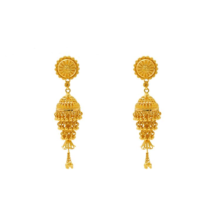 Embrace the timeless allure of fine gold with this pair of exquisite 22k yellow gold Jhumki earrings by Virani Jewelers. Meticulously crafted and adorned with intricate beading, these gold Jhumki earrings exude sophistication and elegance. Elevate your style and make a statement of luxury with these stunning Indian gold Jhumkas, perfect for any sophisticated lady.Features• 22k yellow gold• Beaded details• FiligreeNecklace Specifications:• Minimum Width - 1 millimeter• Maximum Width - 13.35 milli South Indian Gold Earrings, 5grams Gold Earrings, 10 Grams Earrings Gold, Luxury Heavy 22k Gold Chandbalis, Elegant 22k Gold Luxury Chandbalis, Luxury Gold Temple Jewelry Bridal Earrings, Luxury 22k Gold Danglers For Celebration, Cheap Gold Chandbali Jewelry, Festive 22k Yellow Gold Chandelier Earrings