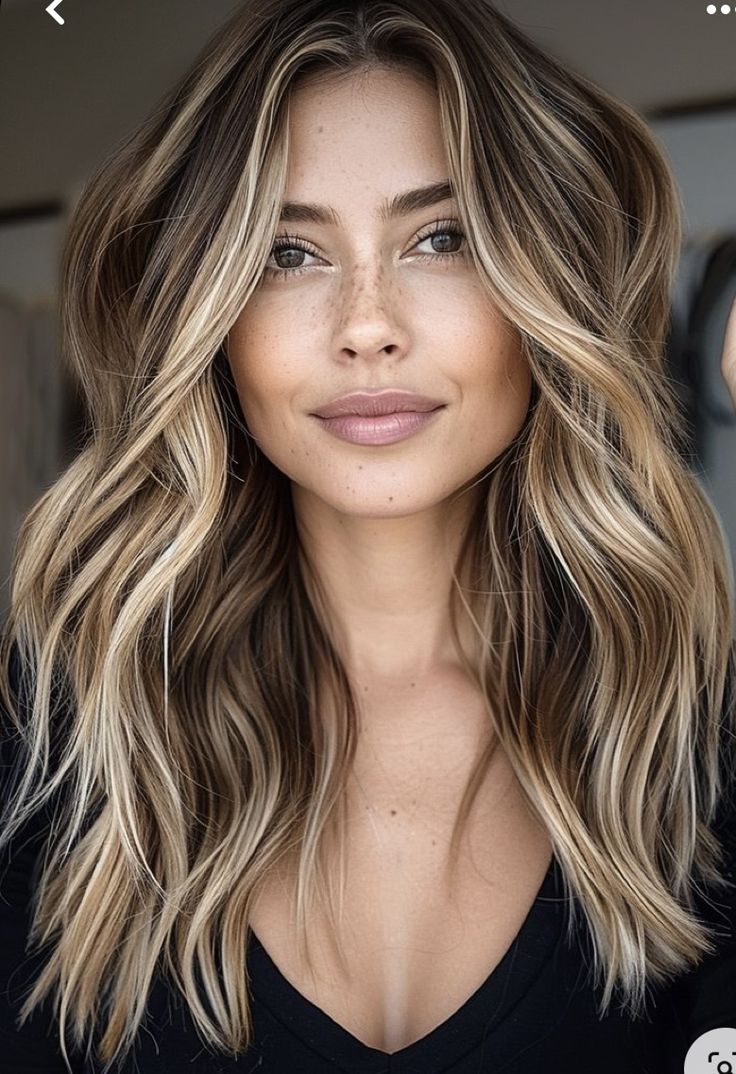 Balayage Brunette To Blonde Caramel, Blond Balayage On Asian Hair, Brown Hair With All Over Highlights, Town Hair With Highlights, Blond Hair On Brown Hair, Mocha And Blonde Highlights, Blonde Highlights Olive Skin, Going From Brown To Blonde Hair, Warm Bayalage Light Brown Hair