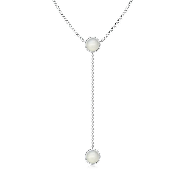 This lariat style necklace designed in 14k white gold is high on sophisticated elegance. The two round moonstones are bezel-set and linked together by a cable chain, exhibiting a simple but alluring design. Lariat Style Necklace, Necklace Shop, Moonstone Necklace, Style Necklace, Moon Stone, Necklace Designs, Bezel Setting, Cable Chain, Moonstone