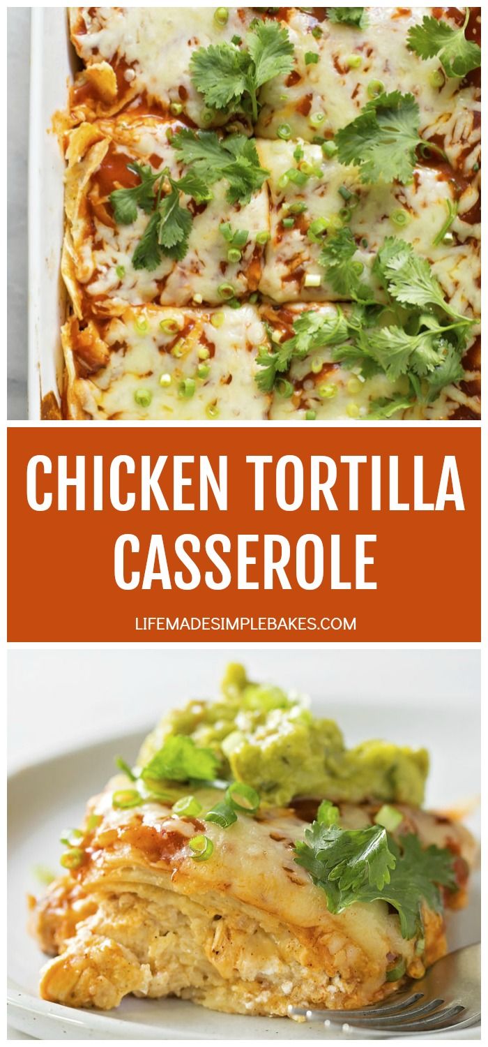 chicken tortilla casserole with cilantro and avocado on top