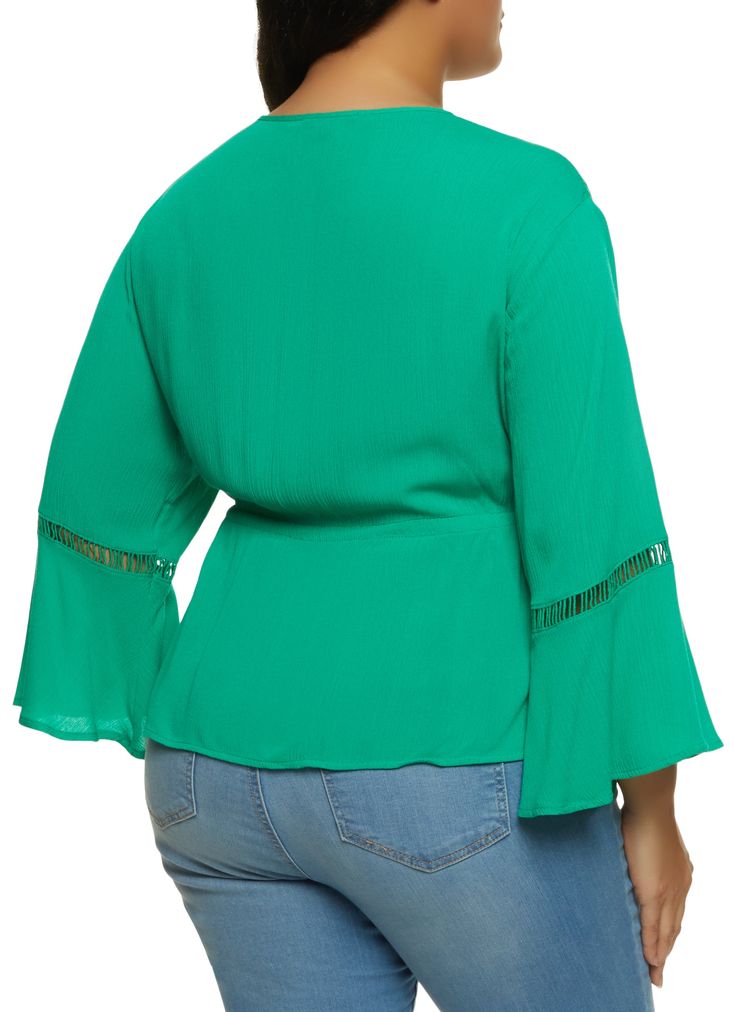 Ambiance, Long Sleeves, Bell Sleeves, Plunge, Peasant Top, Tie Front, Crochet Detail, Solid, Item Number 1803054264140 Peasant Top, Crochet Details, Peasant Tops, Kelly Green, Bell Sleeve, Item Number, Bell Sleeves, Long Sleeves, Plus Size