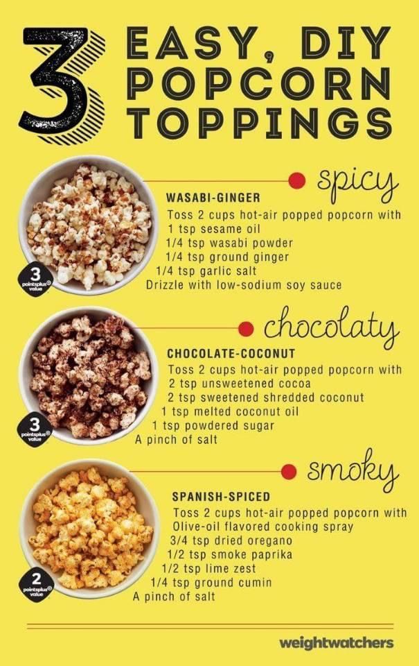 three different types of popcorn are shown in this info sheet for the 3 easy diy popcorn toppings recipe