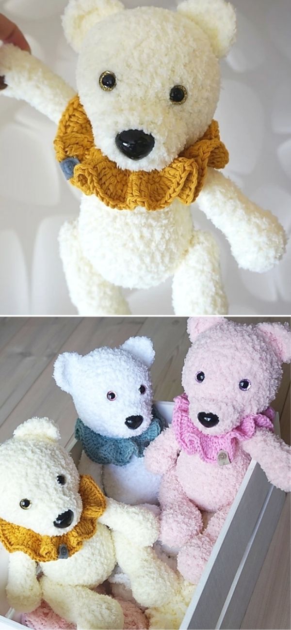 two pictures of stuffed teddy bears in different colors