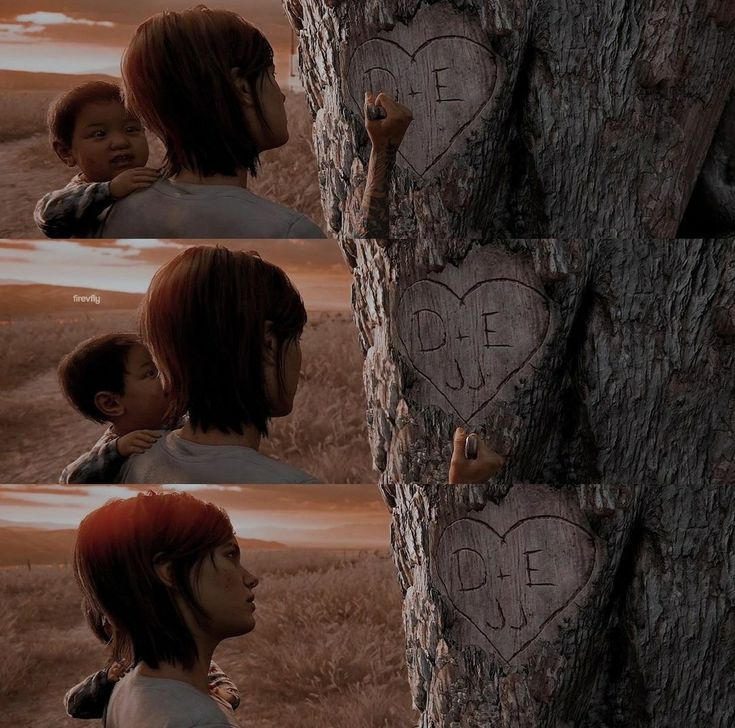 two people in front of a tree with hearts carved into it's barks