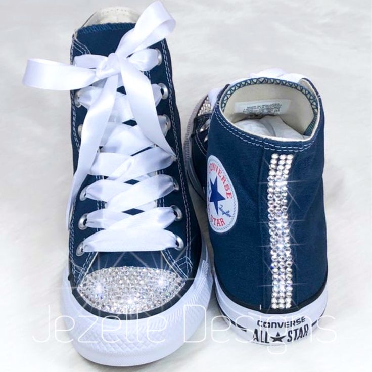 Swarovski Crystal Converse Custom Hand Jeweled Style: Converse All Star Chuck Taylor High Tops In Canvas Colors: Navy/White Sizes: Women's Size 6 / Men’s 4 Price Is Firm Details: Each Toe Is Completely Covered With Crystals Each Heel With 3 Rows Of Crystals Down The Back Bling Converse Rhinestone Sneakers Blinged Out Shoes Crystal Converse Custom Converse Hi Tops Blue All Stars Bedazzled Converse, Navy Blue Converse, Chuck Taylor High Tops, Low Top Tennis Shoes, How To Lace Converse, Blue Cowboy Boots, Converse Design, Bling Converse, High Top Chucks