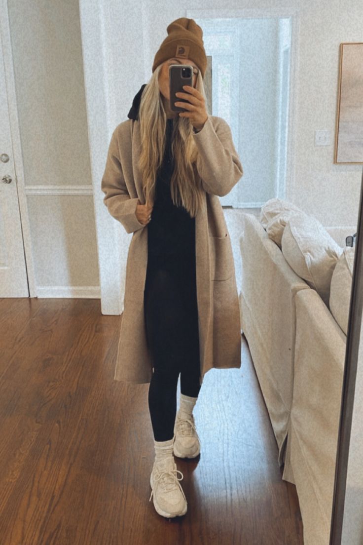 Long Coat Sweatshirt Outfit, Cute On Cloud Outfits, Over Coat Outfit Women, Sweats And Peacoat Outfit, Leggings And Long Coat Outfit, Rink Outfit Mom, Big Bear Outfits For Women, Pea Coat Outfits Women Casual, Casual Outing Outfits Winter