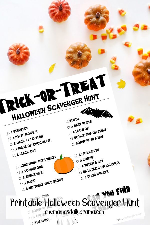 a trick or treat halloween scavenger hunt with candy corn and pumpkins around it