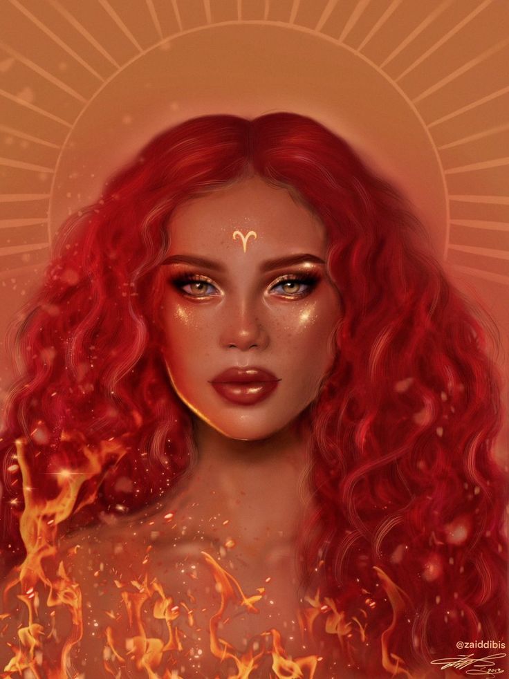 a woman with long red hair and blue eyes is shown in this digital painting style