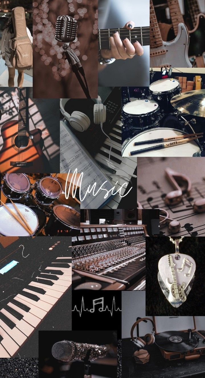 a collage of musical instruments and music notes