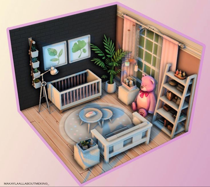 an animated view of a baby's room with furniture and decor on the floor