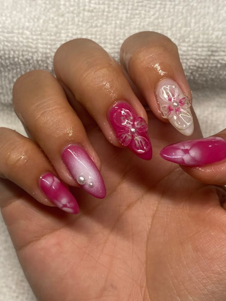 Nail Trends 2023 Aura Nails With 3d Design, Aura Nails 3d Flower, Pink Nails With 3d Design, Gel X Nail Designs 3d, Tropical Nails Coffin, Nail Inspo 3d Art, Colorful 3d Nails, Flower Aura Nails, Fun 3d Nails