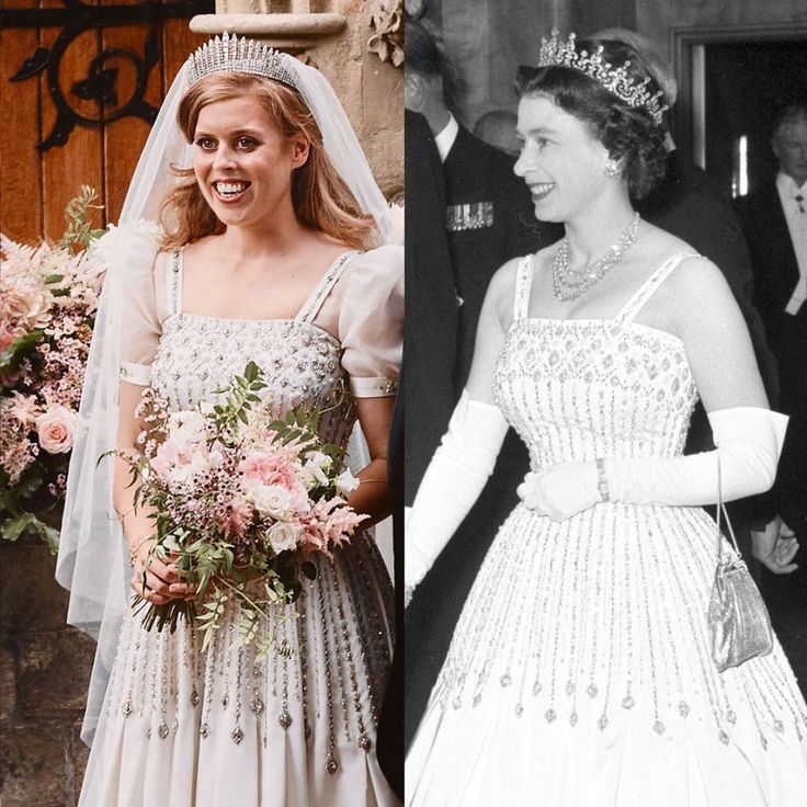 two pictures of the same woman in wedding dresses, one is wearing a tiara