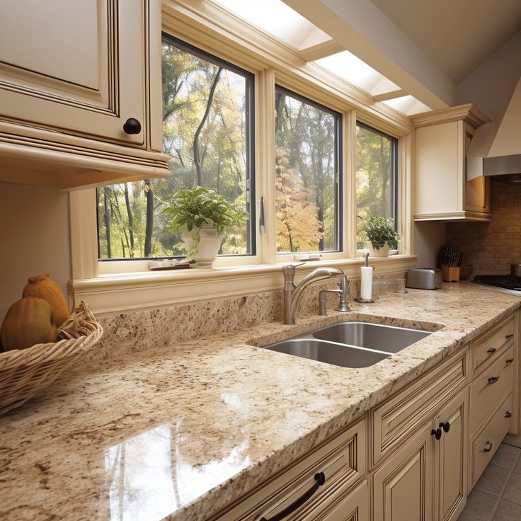 a kitchen with marble counter tops and white cabinets, along with a large window overlooking the woods