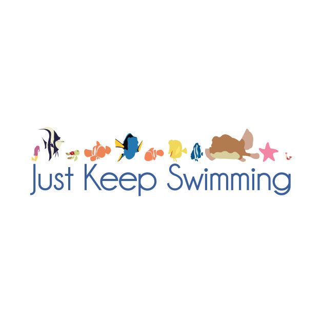 the logo for just keep swimming, which features fish and starfish on white background