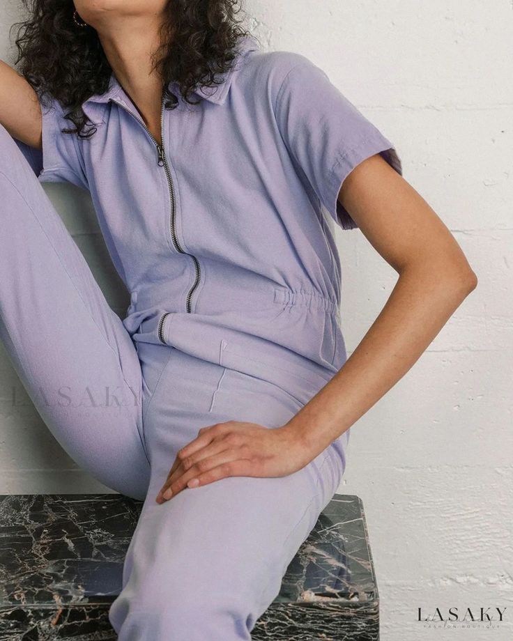 Lasaky - Solid Color Cotton Linen Comfortable Slim-Fit Jumpsuit with Zipper Closure and Functional Pockets Zipper Jumpsuit, Utility Jumpsuit, Formal Pants, Fitted Jumpsuit, Linen Jumpsuit, Cardigan Sweater Dress, Casual Jumpsuit, Komplette Outfits, Grunge Outfits