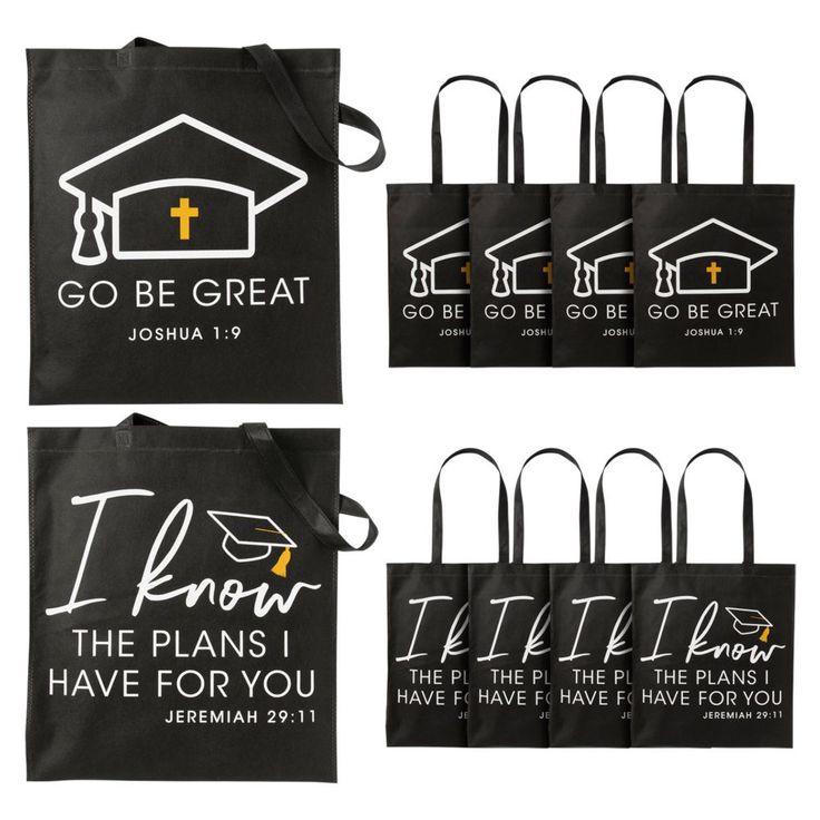 four black bags with the words go be great and the plans i have for you written on them