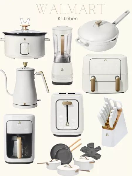 there are many different kitchen items on this white background, including toaster ovens and kettles