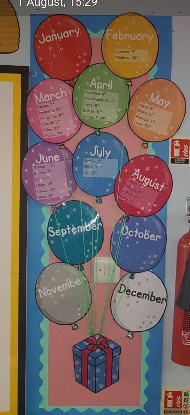 a bulletin board with balloons and gifts on it for the month of december, as well as calendars