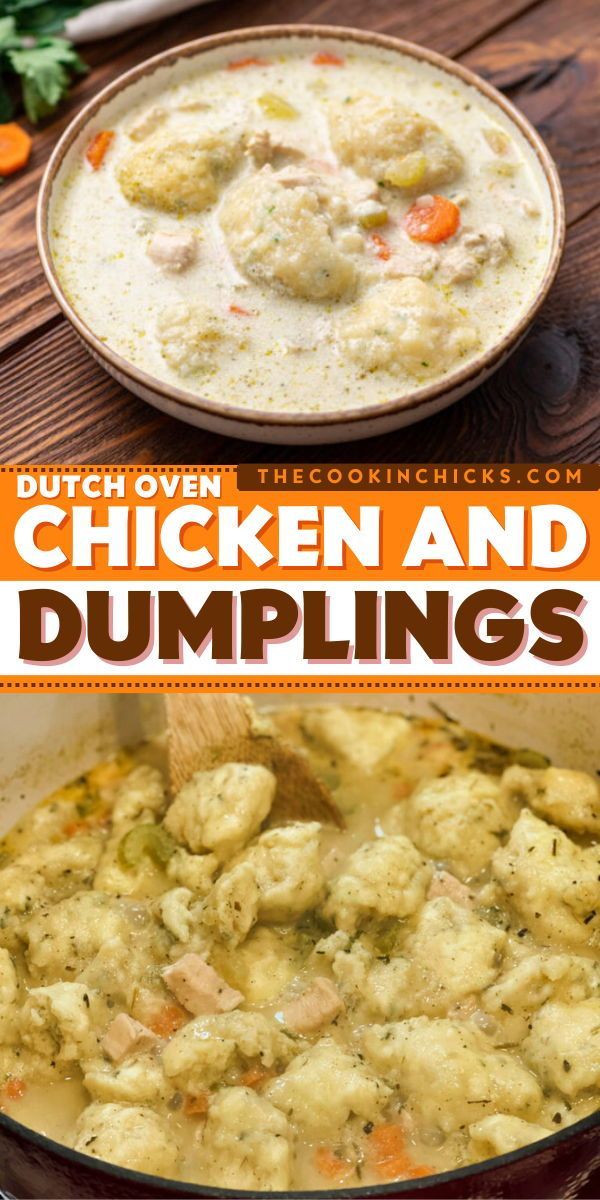 chicken and dumplings soup in a pot with the title overlay above it that reads dutch oven chicken and dumplings