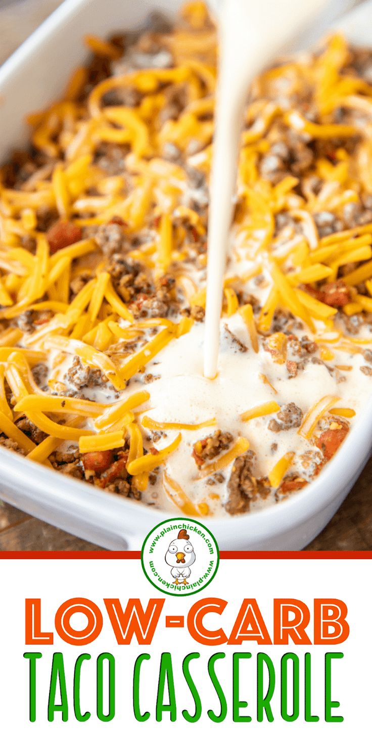 low carb taco casserole with cheese being drizzled on top