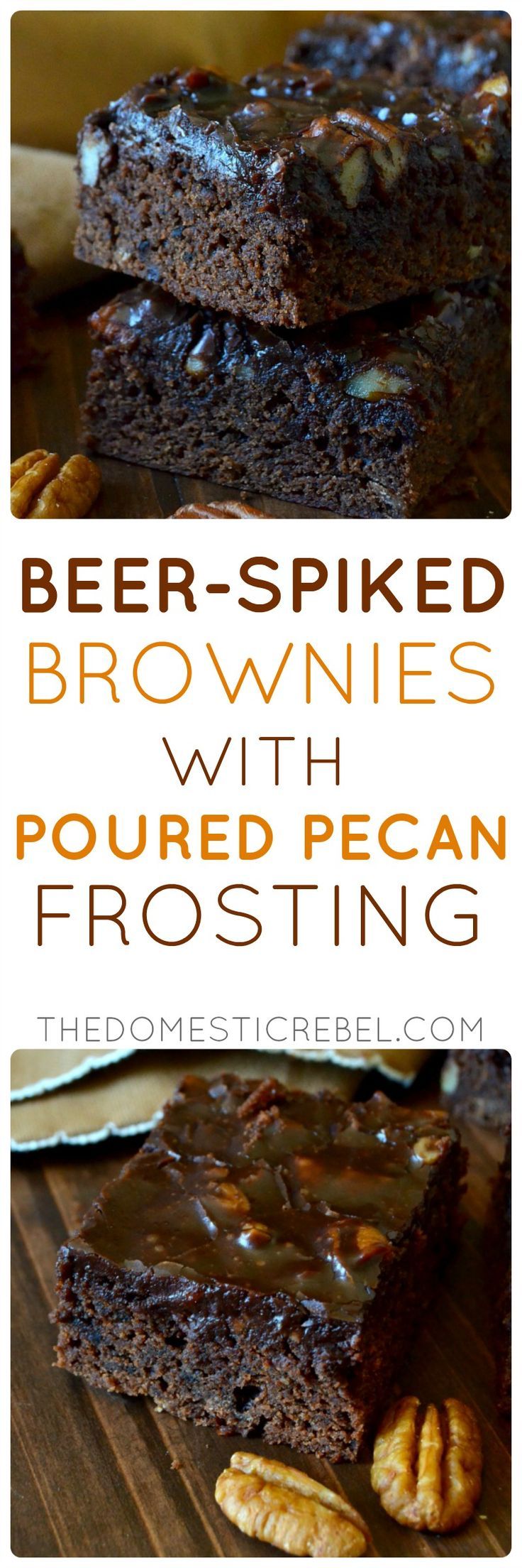 brownies with pecan frosting are stacked on top of each other and the words, beer - spiked brownies with pecan frosting