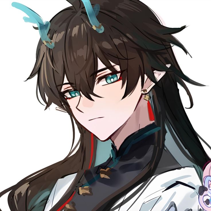 an anime character with long black hair and horns on his head, looking at the camera