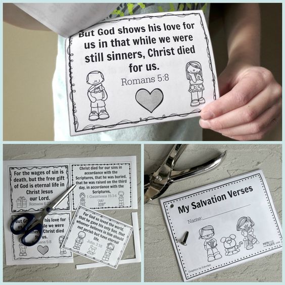 a collage of pictures with scissors and bible verses on them for kids to use