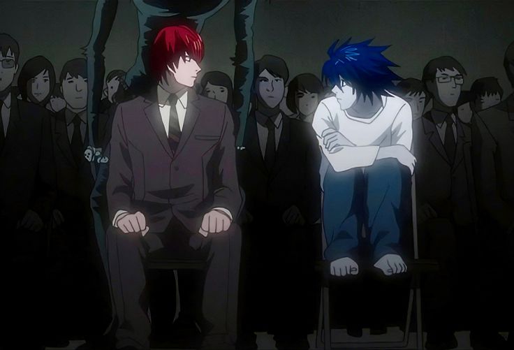 two anime characters sitting in front of a group of people, one with red hair and the other blue