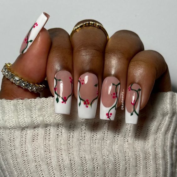 French Tip Acrylic Ideas, French Tip Nails With Vines, Vine Acrylic Nails, French Tip Designs Square, Nails With Vines, Vine Nail Designs, Rose Design Nails, Nail Art Designs French Tip, Floral French Tip Nails