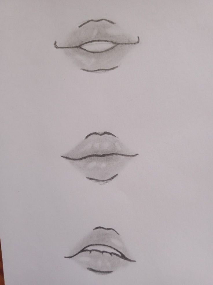 four different lips drawn in pencil on white paper