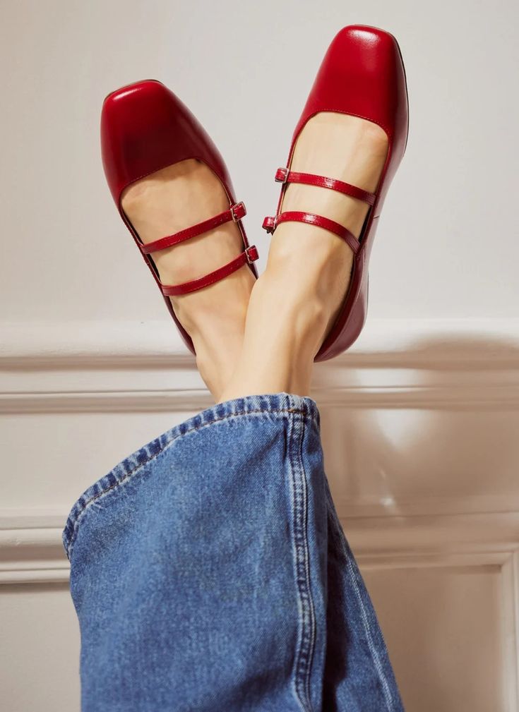 Red Ballet Pumps, Red Ballerina Shoes Outfit, Red Ballet Flats Outfit, Red Flats Outfit, Buckle Ballet Flats, Red Mary Janes, Red Flat Shoes, Patent Ballet Flats, Red Ballerinas