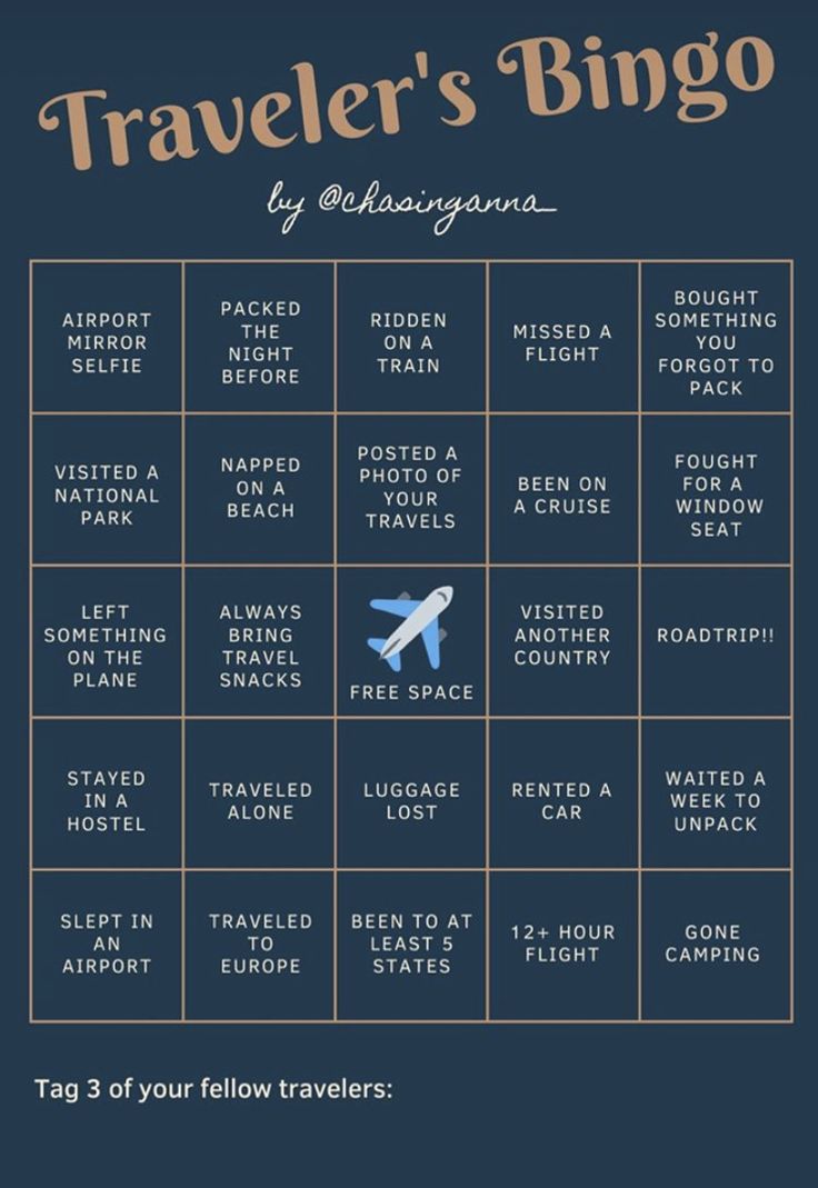 a travel's bingo game with an airplane in the middle and words below it