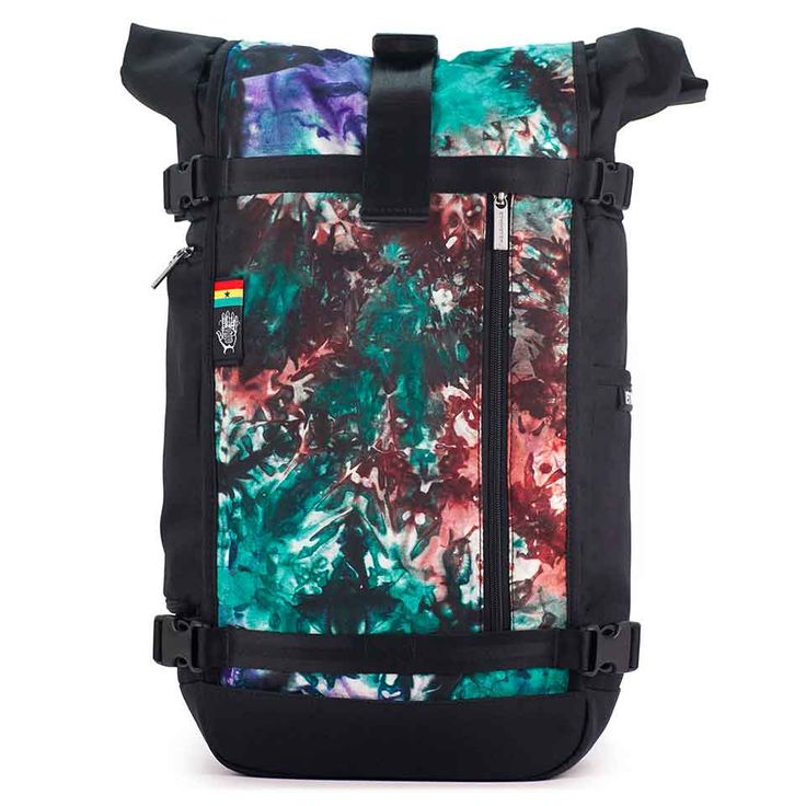 the back side of a backpack with an abstract print on it and black straps, in front of a white background